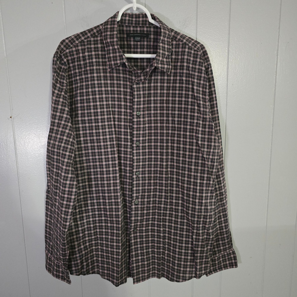 John Varvatos Button Down Shirt Mens XL Black‎ Pink Plaid Long Sleeve USA